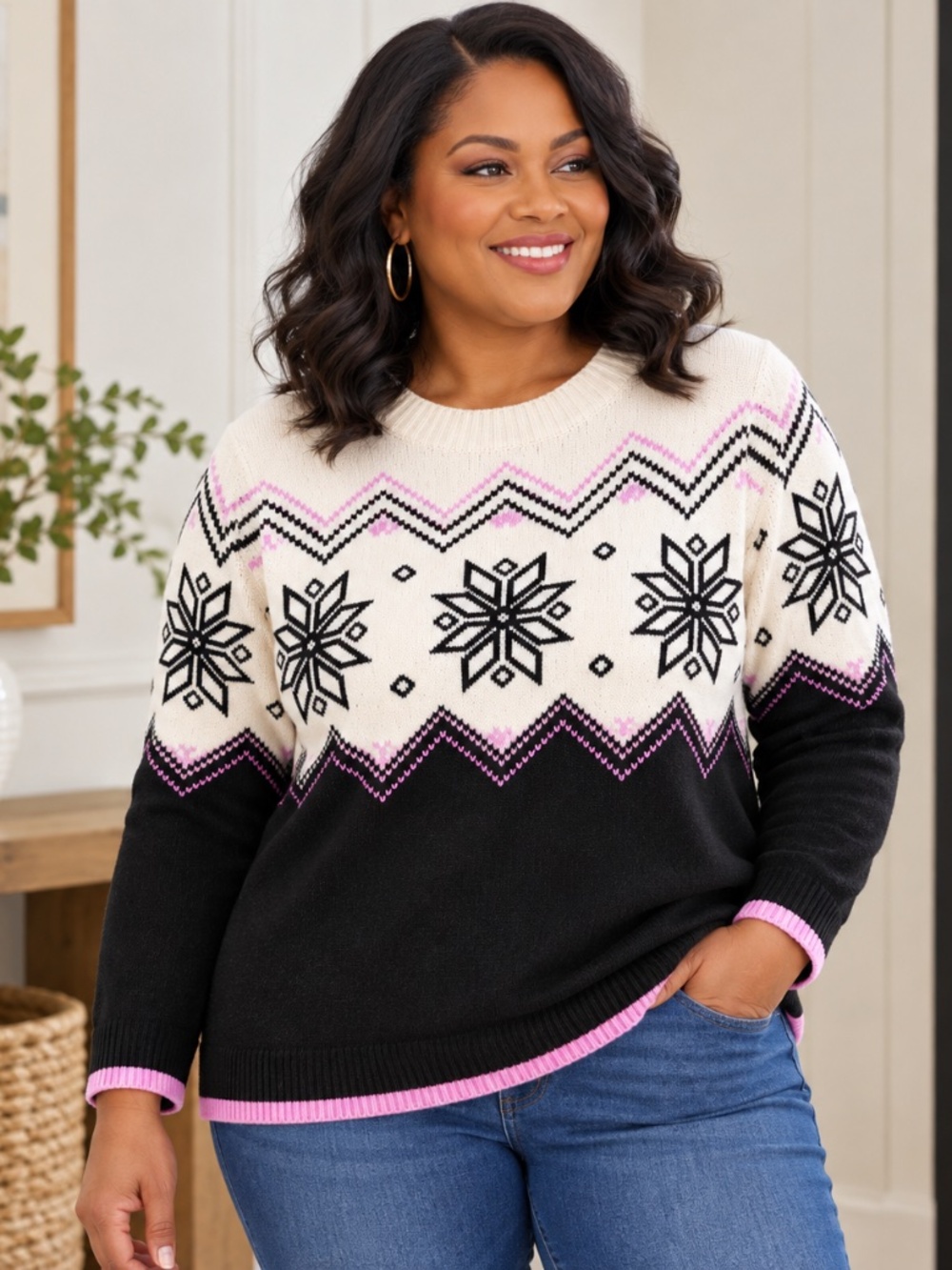 Talbots Plus 2X Fair Isle Snowflake Sweater Black Ivory Pink